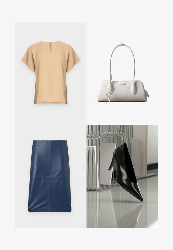 Blusa beige con escote en lágrima y mangas cortas y anchas. Tela lisa con un ajuste relajado y dobladillo recto. Diseño minimalista.; Falda lápiz de cuero azul marino con una textura suave y brillante, que presenta un diseño simple y aerodinámico con corte recto. Sin herrajes visibles.; Zapato de tacón alto negro con punta afilada y logo dorado, colocado sobre una superficie reflectante cerca de un organizador de archivos de alambre cromado con documentos.; Bolso de hombro blanco de Calvin Klein con asas largas, forma rectangular, cierre de cremallera y charm decorativo con el logo colgando cerca del asa.