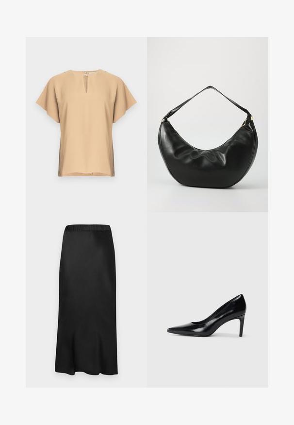 Beige blouse met een keyhole-halslijn en korte, brede mouwen. Glad stof met een ontspannen pasvorm en rechte zoom. Minimalistisch ontwerp.; Zwarte, satijnen midi-skirt met een elastische tailleband. Gladde textuur en eenvoudig ontwerp, dat iets taps toeloopt aan de zoom voor een vloeiende silhouet.; Zwarte leren hoge hak met een spitse neus, een gladde textuur en een tapse hak. Minimalistisch ontwerp, geen extra versieringen.; Zwarte leren schoudertas met een gebogen vorm, zachte textuur en een enkele schouderband; beschikt over een gouden rits en subtiele branding.