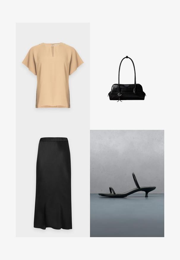 Beige bluse med nøglehul-halsudskæring og korte, brede ærmer. Glat stof med afslappet pasform og lige kant. Minimalistisk design.; Sort satin midi-nederdel med elastisk talje. Glat tekstur og enkelt design, der taper lidt ved kanten for en flydende silhuet.; Sort Calvin Klein sandal med hæl og tynde stropper, balancerende på træfliser udendørs nær en væg og grønne planter.; Sort skuldertaske i krokodillelæder med lange stropper og lille sølvlogo-charm på den ene strop.