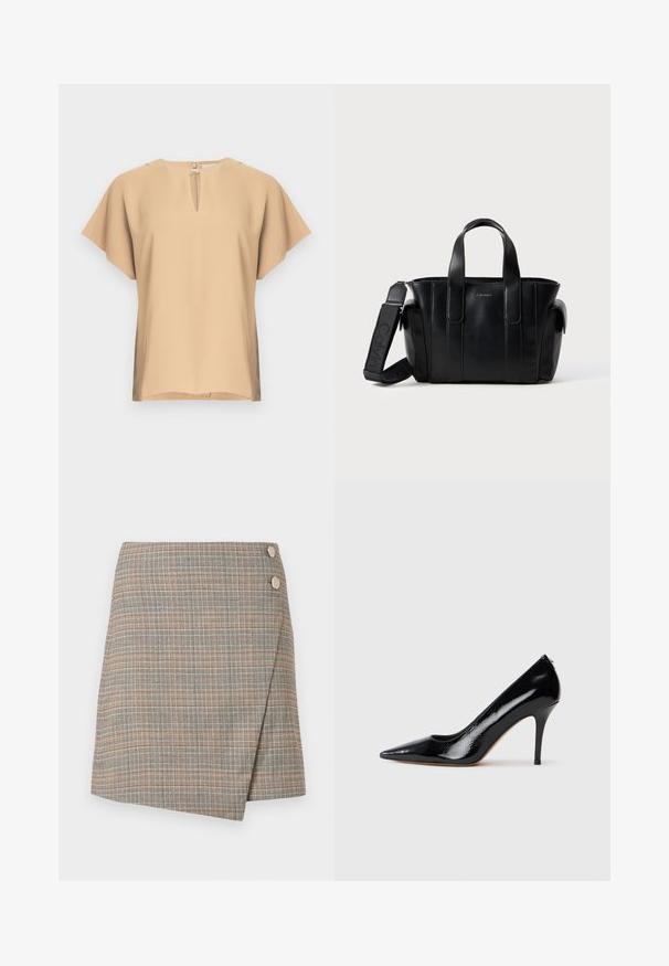 Blouse beige avec un col en forme de goutte et des manches courtes et larges. Tissu lisse avec une coupe décontractée et un ourlet droit. Design minimaliste.; Jupe enveloppante à carreaux gris avec des lignes orange, marron et crème. Présente deux grands boutons décoratifs à la taille et une finition soignée.; Escarpin à talon haut en cuir verni noir avec un bout pointu, présentant une texture lisse et un talon aiguille mince. Aucun accessoire visible.; Sac fourre-tout en cuir noir avec deux poignées supérieures et une bandoulière ajustable. Présente des coutures verticales et un design minimaliste. Détail de logo proéminent.