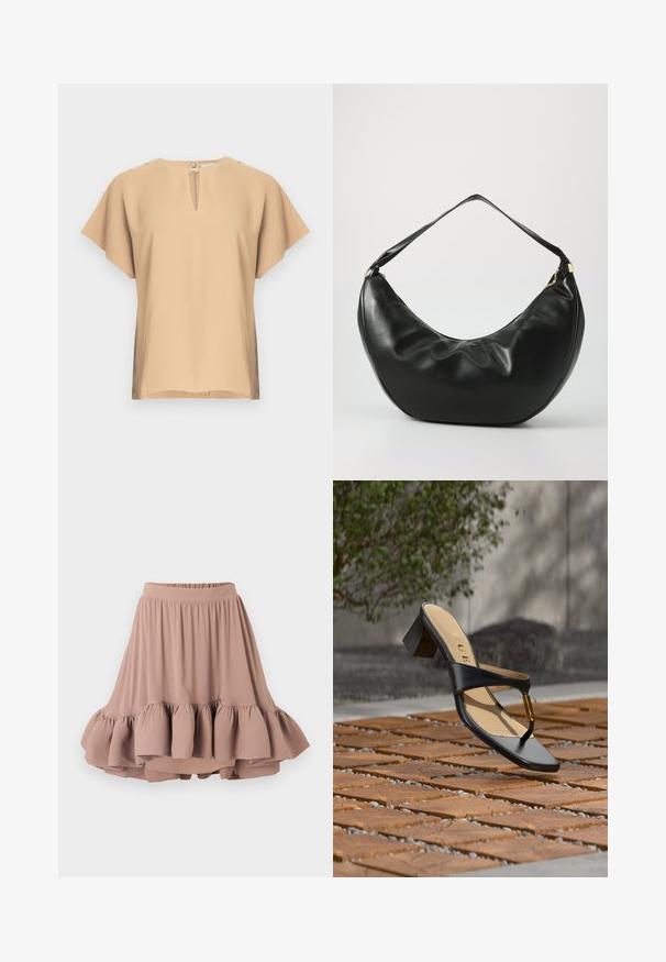Beige bluse med nøglehul-halsudskæring og korte, brede ærmer. Glat stof med afslappet pasform og lige kant. Minimalistisk design.; Lys brun knælang nederdel lavet af blødt stof, med en bred talje og en flagrende, lagdelt volangkant. Glat tekstur hele vejen igennem.; Sort hælsandal med tå-loop og gyldent accent, placeret på en træ- og stenbelagt overflade udendørs nær grønne områder.; Sort læder skuldertaske med en buet form, blød tekstur og en enkelt rem; har en guldbeslået lynlås og diskret branding.