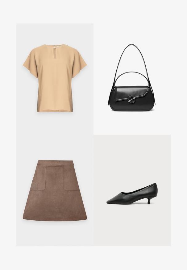 Blusa beige con escote en lágrima y mangas cortas y anchas. Tela lisa con un ajuste relajado y dobladillo recto. Diseño minimalista.; Falda A-line de ante marrón con una textura suave, que presenta dos bolsillos frontales y una cinturilla sin costuras, diseñada para una longitud por encima de la rodilla.; Zapato de mujer negro de cuero con tacón bajo, puntera puntiaguda y pequeño tacón kitten sobre fondo claro liso.; Bolso de hombro de cuero negro con una solapa curva asegurada por un broche metálico redondo y una correa delgada y ajustable.