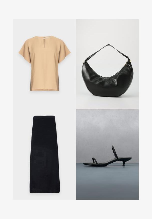 Beige bluse med nøglehul-halsudskæring og korte, brede ærmer. Glat stof med afslappet pasform og lige kant. Minimalistisk design.; Sort midi nederdel lavet af struktureret mesh materiale med en tætsiddende talje og lige snit, prydet med en ensfarvet farve uden mønstre.; Sort Calvin Klein sandal med hæl og tynde stropper, balancerende på træfliser udendørs nær en væg og grønne planter.; Sort læder skuldertaske med en buet form, blød tekstur og en enkelt rem; har en guldbeslået lynlås og diskret branding.