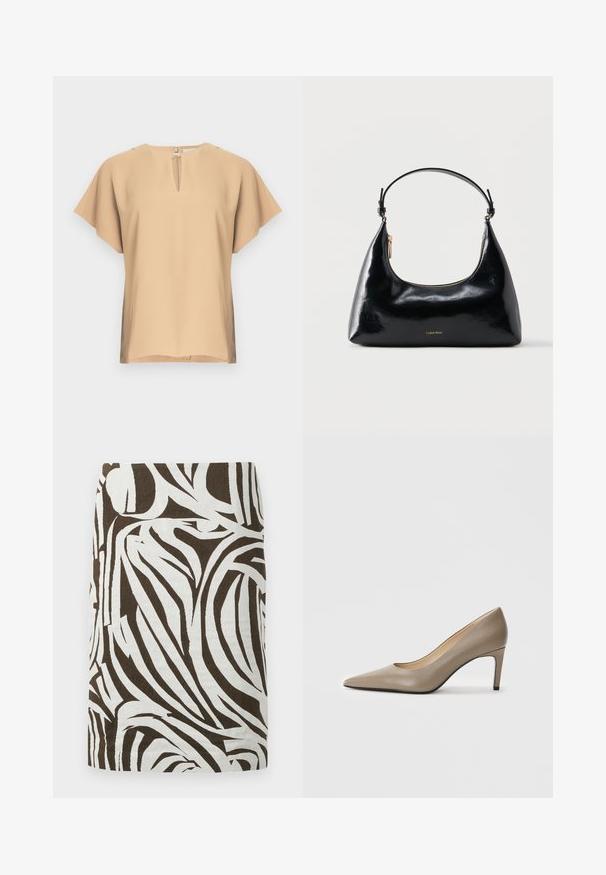 Beige blouse met een keyhole-halslijn en korte, brede mouwen. Glad stof met een ontspannen pasvorm en rechte zoom. Minimalistisch ontwerp.; Bruine en witte kokerrok met een abstracte zebra-achtige print, kniehoog en recht gesneden.; Beige leren hoge hak met een spitse neus en een slanke, 7 cm hoge hak. Gladde oppervlakte en minimalistisch ontwerp zonder zichtbare versieringen.; Zwarte glanzende Calvin Klein handtas met gouden rits en korte band tegen een effen witte achtergrond.