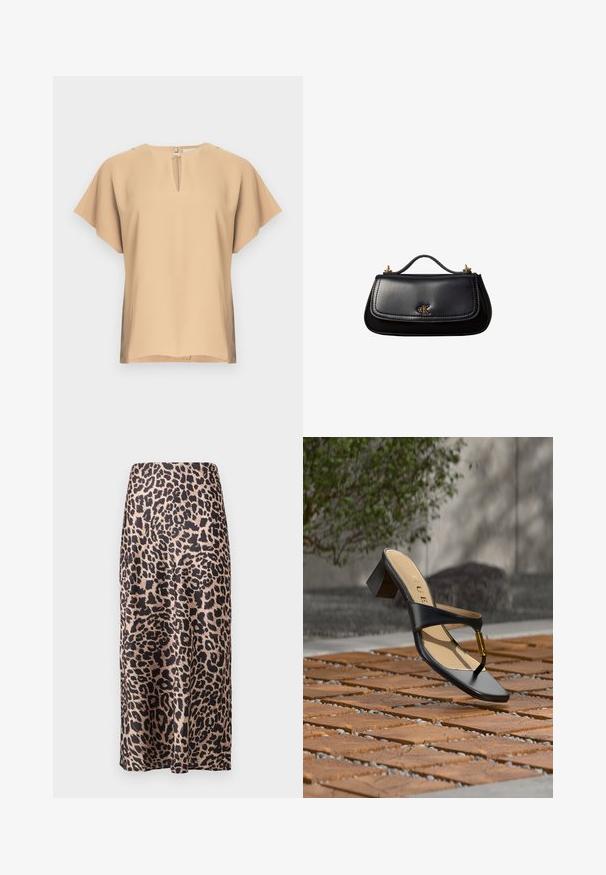 Beige bluse med nøglehul-halsudskæring og korte, brede ærmer. Glat stof med afslappet pasform og lige kant. Minimalistisk design.; Leopardprint satin nederdel med høj talje, knælang silhuet, blank tekstur og en flydende design.; Sort hælsandal med tå-loop og gyldent accent, placeret på en træ- og stenbelagt overflade udendørs nær grønne områder.; Sort lædertaske med et lille håndtag, guldfarvet "cK" logo på frontklappen og guldfarvede hardware-accenter.