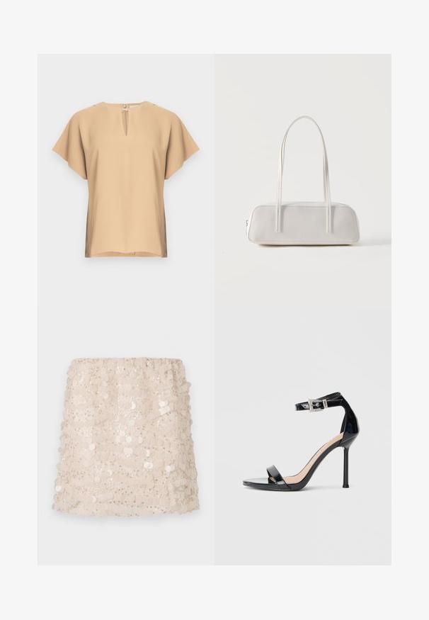 Beige bluse med nøglehul-halsudskæring og korte, brede ærmer. Glat stof med afslappet pasform og lige kant. Minimalistisk design.; Beige paillet mini nederdel med lagdelt design, der har cirkulære pailletter og en blød elastisk talje for komfort og pasform.; Sort højhælet sandal i laklæder med ankelrem. Har minimalistisk design, åben tå og spænde med rhinsten-detaljer.; Hvid rektangulær skuldertaske med lange tynde stropper, minimal syning og lynlåslukning på en ensfarvet baggrund.