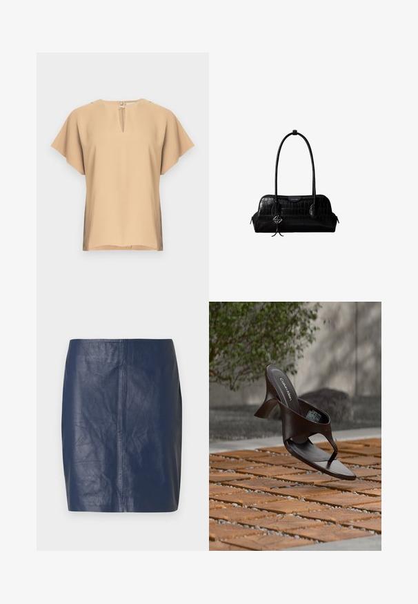 Beige blouse met een keyhole-halslijn en korte, brede mouwen. Glad stof met een ontspannen pasvorm en rechte zoom. Minimalistisch ontwerp.; Minirok van navyblauw leer met een gladde textuur, rechte snit en minimale stikdetails aan de zijkanten.; Bruine Calvin Klein teenslipper met hak, hangend boven houten tegels en grind op een buitenvloer met een vage achtergrond van groen en stenen.; Zwarte schoudertas van leer met krokodillenstructuur, lange banden en een klein zilveren logohanger aan één band.