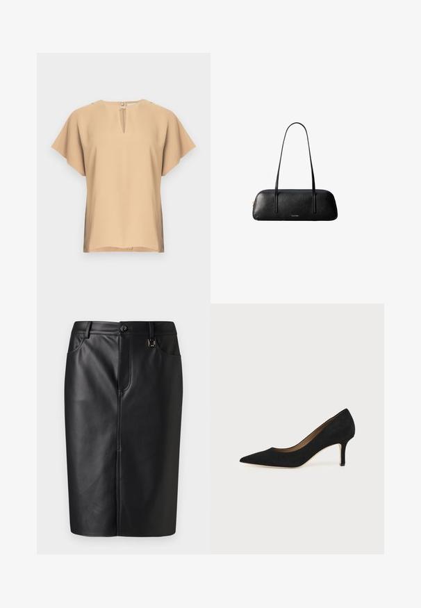 Blusa beige con escote en lágrima y mangas cortas y anchas. Tela lisa con un ajuste relajado y dobladillo recto. Diseño minimalista.; Falda lápiz negra de cuero con una textura suave, abertura frontal, bolsillos laterales y un cierre de botón en la cintura. Diseño minimalista.; Salón de ante negro con punta puntiaguda, tacón de aguja delgado de altura media y diseño de corte bajo sobre un fondo liso.; Bolso de mano rectangular de cuero negro con asas largas y delgadas y logo dorado "Calvin Klein" en el centro delantero.