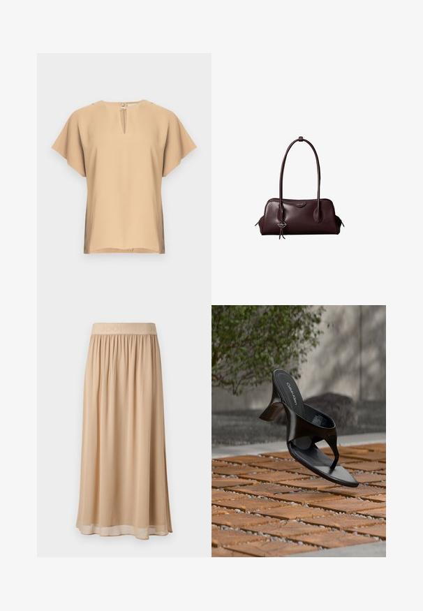 Blusa beige con escote en lágrima y mangas cortas y anchas. Tela lisa con un ajuste relajado y dobladillo recto. Diseño minimalista.; Falda midi beige con una amplia banda elástica en la cintura que lleva el nombre de la marca. Material suave y fluido con una textura lisa y un diseño sencillo.; Sandalia negra de tacón tipo tanga de Calvin Klein flotando sobre una superficie exterior de azulejos, con vegetación y una pared de hormigón al fondo.; Bolso de mano de cuero marrón oscuro Calvin Klein con asas dobles largas y un pequeño colgante con el logotipo colgando de una de las asas.