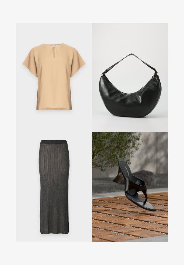 Beige bluse med nøglehul-halsudskæring og korte, brede ærmer. Glat stof med afslappet pasform og lige kant. Minimalistisk design.; Strikket midi-nederdel i mørkegrå med lodret ribbing, en tætsiddende silhuet og slidser i kanten for nem bevægelse. Blødt, tekstureret stof.; Sort Calvin Klein hæl-sandal med åben tå, der svæver over en udendørs flisebelagt overflade med grønne planter og en betonvæg i baggrunden.; Sort læder skuldertaske med en buet form, blød tekstur og en enkelt rem; har en guldbeslået lynlås og diskret branding.