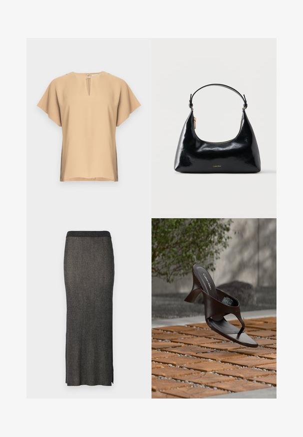 Beige bluse med nøglehul-halsudskæring og korte, brede ærmer. Glat stof med afslappet pasform og lige kant. Minimalistisk design.; Strikket midi-nederdel i mørkegrå med lodret ribbing, en tætsiddende silhuet og slidser i kanten for nem bevægelse. Blødt, tekstureret stof.; Brun Calvin Klein hælet thong sandal svævende over træflise og grus udendørs med sløret grønt og stenmur i baggrunden.; Sort blank Calvin Klein håndtaske med gyldent lynlås og kort rem mod en ensfarvet hvid baggrund.
