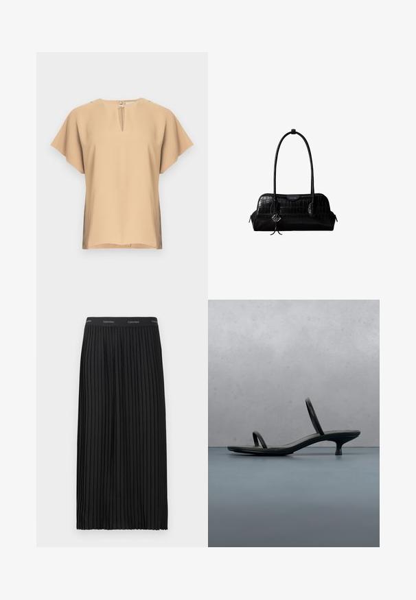 Blusa beige con escote en lágrima y mangas cortas y anchas. Tela lisa con un ajuste relajado y dobladillo recto. Diseño minimalista.; Falda midi negra plisada con cinturilla elástica, con el logotipo de Calvin Klein en blanco repetido.; Sandalia de tacón negra Calvin Klein con tiras finas, equilibrada sobre baldosas de madera al aire libre cerca de una pared y vegetación.; Bolso de hombro negro de cuero con textura de cocodrilo, con correas largas y un pequeño colgante de logo plateado en una correa.