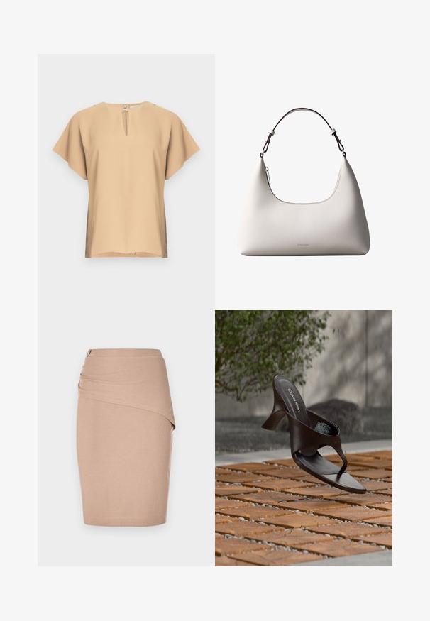 Beige bluse med nøglehul-halsudskæring og korte, brede ærmer. Glat stof med afslappet pasform og lige kant. Minimalistisk design.; Beige knælang blyantskørt, lavet af ribbet stof, med en draperet forside og en sølvfarvet lynlåsdetalje i siden. Glat tekstur.; Brun Calvin Klein hælet thong sandal svævende over træflise og grus udendørs med sløret grønt og stenmur i baggrunden.; Cremefarvet skuldertaske i læder fra Calvin Klein med buet topkant, sølvfarvet lynlås og mørkebrun justerbar rem.