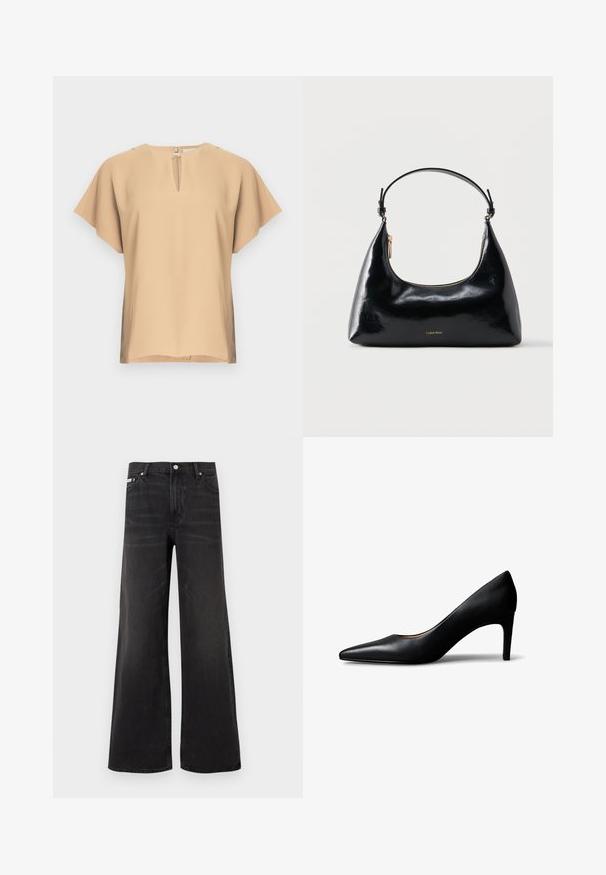 Beige blouse met een keyhole-halslijn en korte, brede mouwen. Glad stof met een ontspannen pasvorm en rechte zoom. Minimalistisch ontwerp.; Zwarte wijde denim jeans met knoop- en ritsluiting aan de voorkant, riemlussen en vijf zakken.; Zwarte leren vrouwenschoen met puntige neus en hak van gemiddelde hoogte, zijaanzicht op een witte achtergrond.; Zwarte glanzende Calvin Klein handtas met gouden rits en korte band tegen een effen witte achtergrond.