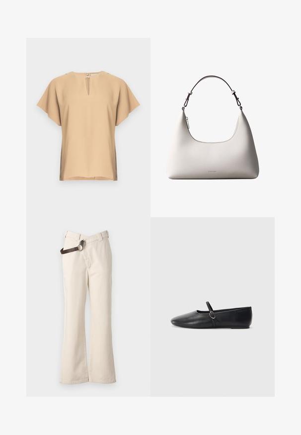 Blusa beige con escote en lágrima y mangas cortas y anchas. Tela lisa con un ajuste relajado y dobladillo recto. Diseño minimalista.; Pinko PAINT PANTALONE - Pantalones - beige betulla; Bailarinas de cuero negro con punta afilada, suela plana y una pequeña correa con detalle de hebilla plateada.; Bolso de hombro de cuero color crema de Calvin Klein con borde superior curvado, cremallera plateada y correa ajustable marrón oscuro.