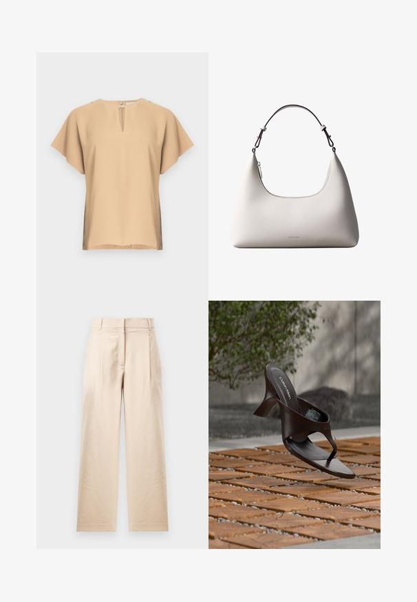 Beige bluse med nøglehul-halsudskæring og korte, brede ærmer. Glat stof med afslappet pasform og lige kant. Minimalistisk design.; Beige bukser lavet af glat stof. Har en lige pasform, flad front og to plisses. Ingen synlige mønstre eller metaldele.; Brun Calvin Klein hælet thong sandal svævende over træflise og grus udendørs med sløret grønt og stenmur i baggrunden.; Cremefarvet skuldertaske i læder fra Calvin Klein med buet topkant, sølvfarvet lynlås og mørkebrun justerbar rem.
