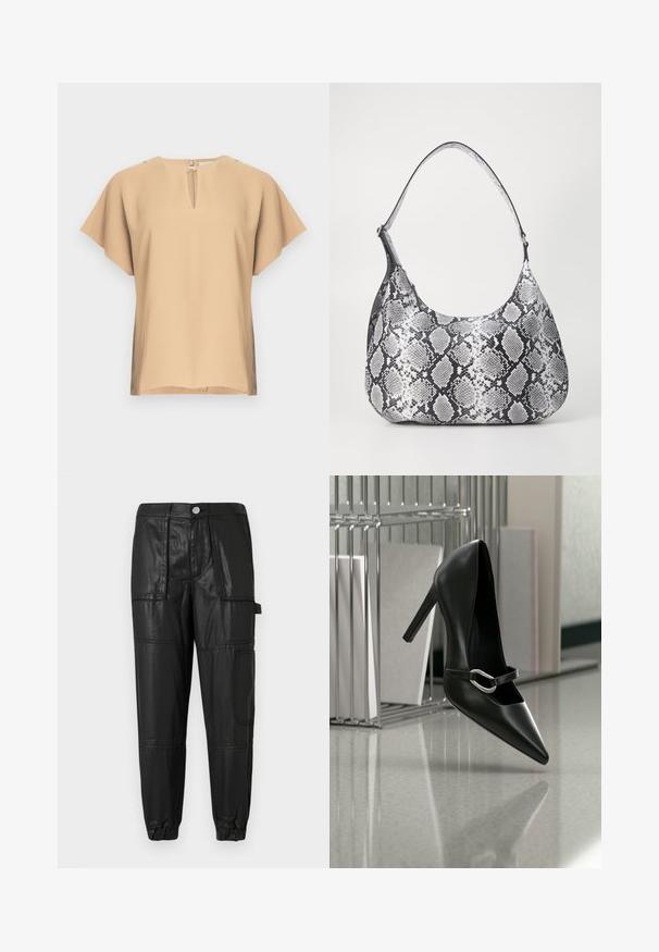 Beige blouse met een keyhole-halslijn en korte, brede mouwen. Glad stof met een ontspannen pasvorm en rechte zoom. Minimalistisch ontwerp.; Zwarte leren broek met een elastische tailleband, taps toelopende manchetten en meerdere zakken. De stof heeft een licht glanzende afwerking.; Zwarte puntige hoge hak met een zilveren gesp, geplaatst op een reflecterend oppervlak naast een metalen bestandhouder met papieren.; Zwart-witte slangenprint schoudertas met een afgeronde vorm, een gladde textuur en een ronde strap. Voorzien van een zilveren hardwareaccent.
