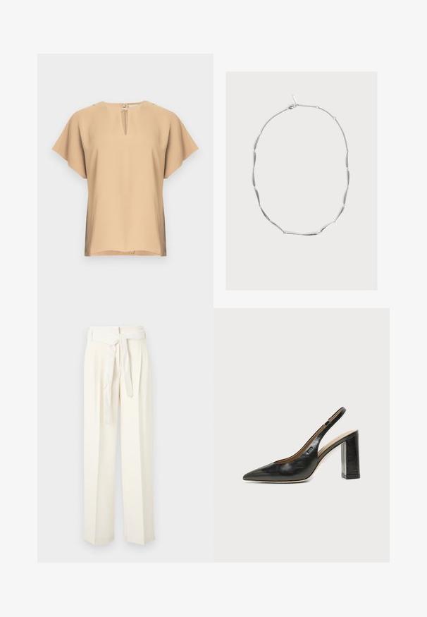 Blouse beige avec un col en forme de goutte et des manches courtes et larges. Tissu lisse avec une coupe décontractée et un ourlet droit. Design minimaliste.; Pantalons larges de couleur crème avec une taille ceinturée. Fabriqués en tissu doux, avec des plis et une texture lisse sans motifs.; Chaussure slingback en cuir noir à bout pointu avec un talon bloc haut et une doublure intérieure beige sur un fond clair uni.; Collier en argent avec perles allongées courbes lisses alternées et maillons de chaîne, fermé par un fermoir mousqueton sur fond uni.