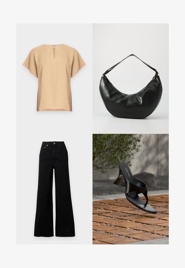 Beige Bluse mit einem Schlüsselloch-Ausschnitt und kurzen, weiten Ärmeln. Glatter Stoff mit lockerem Schnitt und geradem Saum. Minimalistisches Design.; Schwarze Jeans mit weitem Bein, gefertigt aus Denim, mit hoher Taille, fünf Taschen, vorderer Knopfverschluss und minimalen Nahtdetails.; Schwarze Calvin Klein Riemchensandale mit Absatz, schwebend über einer gefliesten Außenfläche mit Grünpflanzen und einer Betonwand im Hintergrund.; Schwarze Leder-Schultertasche mit geschwungener Form, weicher Textur und einem einzelnen Riemen; verfügt über einen goldenen Reißverschluss und dezente Markenkennzeichnung.