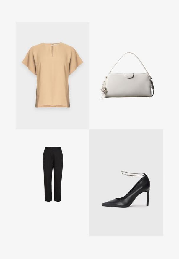 Blusa beige con escote en lágrima y mangas cortas y anchas. Tela lisa con un ajuste relajado y dobladillo recto. Diseño minimalista.; Pantalones de vestir negros a medida con trabillas para cinturón, piernas rectas y pliegues planchados, mostrados sobre un fondo blanco.; Zapato de tacón alto de cuero negro con puntera afilada, que presenta una delgada correa de tobillo de cadena plateada y una textura elegante y suave.; Bolso rectangular blanco de Calvin Klein con un solo asa, diseño minimalista y borlas decorativas con un charm metálico geométrico en el lateral.