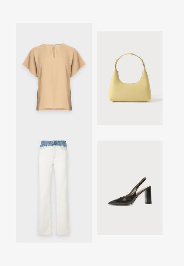 Beige pusero, jossa on avainreikäkaula-aukko ja lyhyet, leveät hihat. Sileä kangas, rento istuvuus ja suora helma. Minimalistinen design.; Vaatteet leveät farkut valkoisella vartalolla ja sinisen gradienttivöiden denimillä, joissa on vetoketjukiinnitys, viisi taskua ja hienovaraiset ompeluyksityiskohdat.; Mustasta nahasta valmistettu naisten slingback-kenkä, jossa on terävä kärki ja paksu korkea lohkokorko valkoisella taustalla.; Keltainen nahkainen käsilaukku, jossa kaareva siluetti, lyhyt säädettävä olkahihna ja vetoketjullinen osio. Etupuolella hillitty logo.