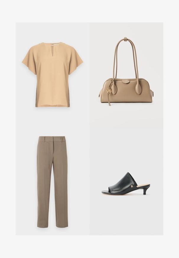 Beige Bluse mit einem Schlüsselloch-Ausschnitt und kurzen, weiten Ärmeln. Glatter Stoff mit lockerem Schnitt und geradem Saum. Minimalistisches Design.; Khakifarbene, gerade geschnittene Hose mit Gürtelschlaufen und einem vorderen Reißverschluss auf weißem Hintergrund.; Schwarze Leder-Pantoletten mit offenen Zehen und niedrigem Absatz. Sie verfügen über eine glatte Oberfläche und ein goldenes Logo-Detail an der Seite.; Beige Handtasche mit glatter Lederstruktur. Abgerundete Form, zwei lange Griffe und ein goldfarbenes Metall-Detail an einem Reißverschluss.