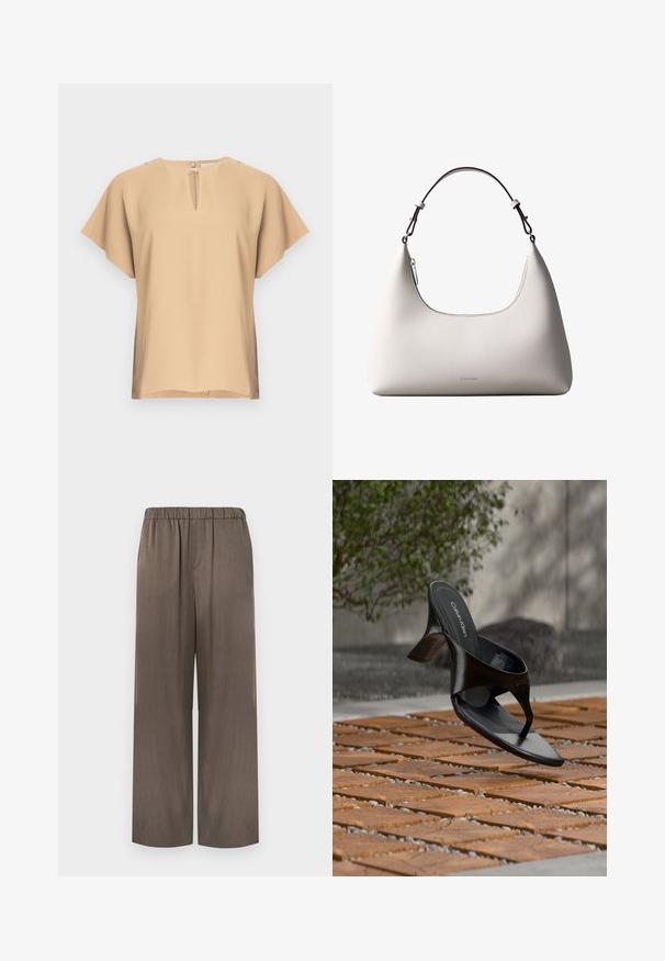 Blouse beige avec un col en forme de goutte et des manches courtes et larges. Tissu lisse avec une coupe décontractée et un ourlet droit. Design minimaliste.; Pantalon à jambes larges de couleur marron douce, avec une texture douce, une ceinture élastique et sans poches visibles. Tissu lisse avec un léger éclat subtil.; Sandale à talon noire Calvin Klein en forme de tongs flottant au-dessus d'une surface extérieure carrelée avec de la verdure et un mur en béton en arrière-plan.; Sac à bandoulière en cuir couleur crème de Calvin Klein avec bord supérieur incurvé, fermeture éclair argentée et sangle ajustable brun foncé.