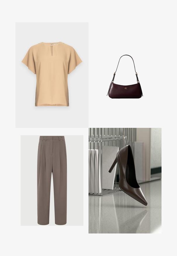 Beige bluse med nøglehul-halsudskæring og korte, brede ærmer. Glat stof med afslappet pasform og lige kant. Minimalistisk design.; Brune plisserede bukser med høj talje, slankt stof, vidde ben-design og sidelommer, der har en glat og let tekstur.; Mørkebrunt læderhæl med høj hæl, der svæver over en reflekterende gulvplade nær en metalhylde med hvide paneler i et rum.; Mørk bordeaux læderhåndtaske med en tynd sort skulderrem og lille gyldent "cK" logo foran i midten.