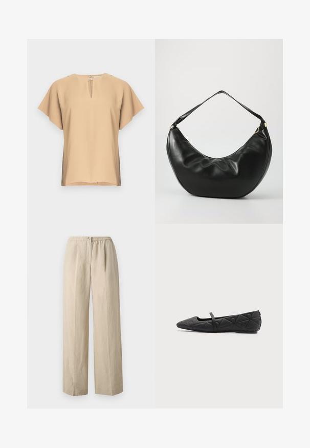 Beige bluse med nøglehul-halsudskæring og korte, brede ærmer. Glat stof med afslappet pasform og lige kant. Minimalistisk design.; Beige, vide bukser lavet af blødt stof med en indsamlet elastisk talje og en frontknaplukning. Glat tekstur med læg.; Sort flad sko med spids tå, quiltede geometriske mønstre og en tynd rem over vristen på en ensfarvet baggrund.; Sort læder skuldertaske med en buet form, blød tekstur og en enkelt rem; har en guldbeslået lynlås og diskret branding.