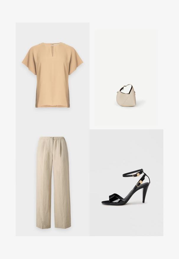 Blusa beige con escote en lágrima y mangas cortas y anchas. Tela lisa con un ajuste relajado y dobladillo recto. Diseño minimalista.; Pantalones de pierna ancha beige, hechos de una tela suave, con una cintura elástica fruncida y un cierre con botón en la parte delantera. Textura suave con pliegues.; Sандalia de tacón alto de charol negro con dobles correas en el tobillo y hebillas doradas, punta abierta y tacón delgado y afilado sobre un fondo neutro.; Bolso de cuero beige en forma de media luna con una sola correa para el hombro y costuras mínimas, colocado sobre un fondo blanco liso.