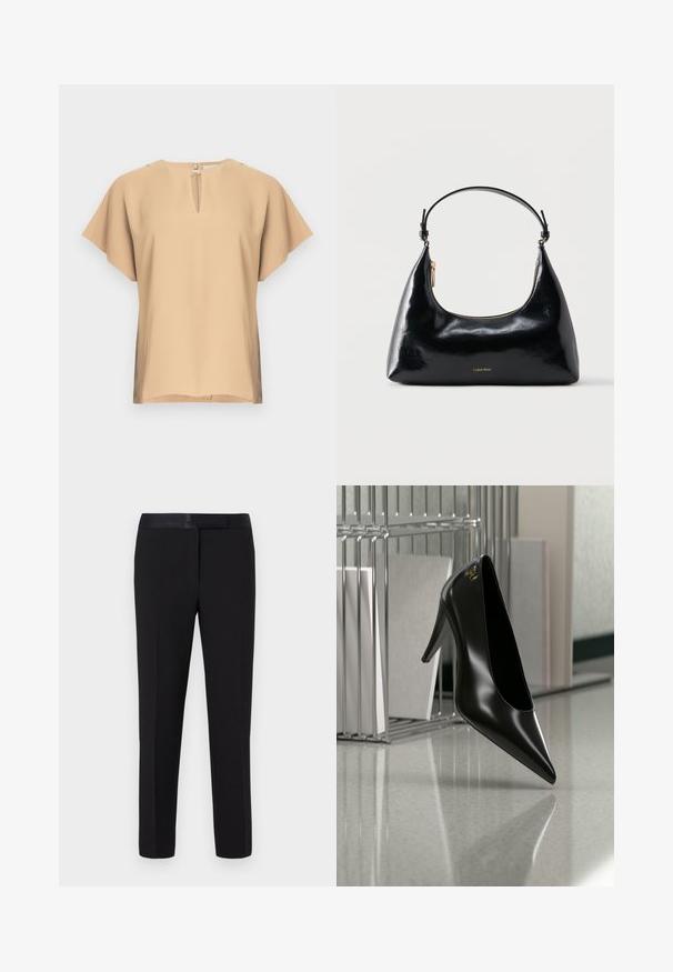 Beige bluse med nøglehul-halsudskæring og korte, brede ærmer. Glat stof med afslappet pasform og lige kant. Minimalistisk design.; Sorte bukser med en glat tekstur, lige snit og en satinlinning. Har minimal detaljering og ingen synlige mønstre eller accenter.; Sort højhælet sko med spids tå og guldlogo, placeret på en reflekterende overflade nær en krom trådfilholder med dokumenter.; Sort blank Calvin Klein håndtaske med gyldent lynlås og kort rem mod en ensfarvet hvid baggrund.