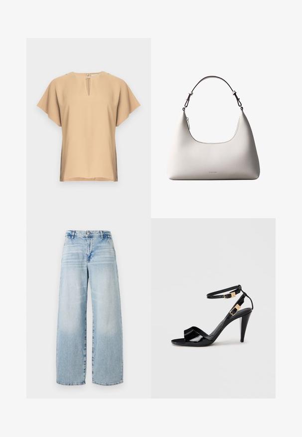 Blusa beige con escote en lágrima y mangas cortas y anchas. Tela lisa con un ajuste relajado y dobladillo recto. Diseño minimalista.; Jeans de mezclilla azul claro de pierna ancha con una cintura alta, efecto de desgaste sutil, dobladillo sin terminar y diseño clásico de cinco bolsillos.; Sандalia de tacón alto de charol negro con dobles correas en el tobillo y hebillas doradas, punta abierta y tacón delgado y afilado sobre un fondo neutro.; Bolso de hombro de cuero color crema de Calvin Klein con borde superior curvado, cremallera plateada y correa ajustable marrón oscuro.