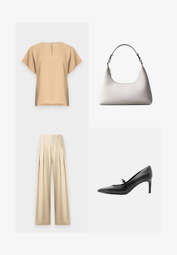 Blouse beige avec un col en forme de goutte et des manches courtes et larges. Tissu lisse avec une coupe décontractée et un ourlet droit. Design minimaliste.; Pantalons larges beige en tissu lisse. Présentent des plis nets, une taille haute et des détails de couture subtils pour un look ajusté.; Escarpin noir en cuir à bout pointu avec une fine bride et une boucle sur le cou-de-pied, posé sur un fond clair neutre.; Sac à bandoulière en cuir couleur crème de Calvin Klein avec bord supérieur incurvé, fermeture éclair argentée et sangle ajustable brun foncé.