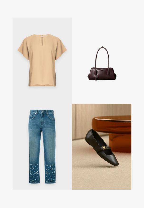 Beige blouse met een keyhole-halslijn en korte, brede mouwen. Glad stof met een ontspannen pasvorm en rechte zoom. Minimalistisch ontwerp.; Blauwe denim jeans met een rechte snit, voorzien van bloemborduursels en versieringen aan de onderkant en een vijfzakkenmodel.; Zwarte leren platte schoen met puntige neus en gouden CK-logo op het bandje, geplaatst op een beige tapijt bij een ronde amberbruine tafel.; Donkerbruine leren Calvin Klein handtas met lange dubbele handvatten en een kleine logo-sierhanger die aan één handvat hangt.