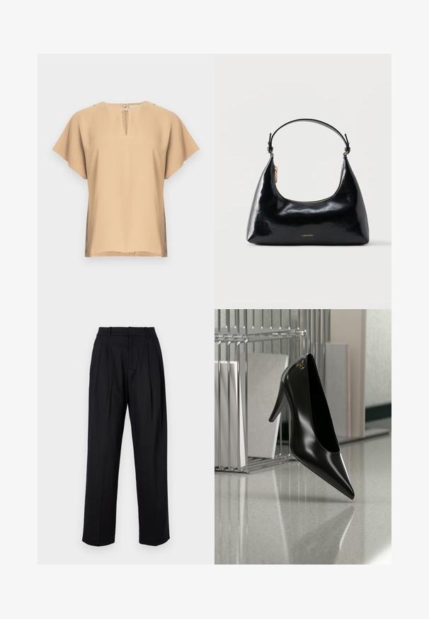 Beige bluse med nøglehul-halsudskæring og korte, brede ærmer. Glat stof med afslappet pasform og lige kant. Minimalistisk design.; Sorte bukser med skræddersyet design, der har høj talje, læg og lige ben. Fremstillet af glat stof i ensfarvet.; Sort højhælet sko med spids tå og guldlogo, placeret på en reflekterende overflade nær en krom trådfilholder med dokumenter.; Sort blank Calvin Klein håndtaske med gyldent lynlås og kort rem mod en ensfarvet hvid baggrund.