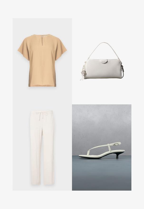 Blouse beige avec un col en forme de goutte et des manches courtes et larges. Tissu lisse avec une coupe décontractée et un ourlet droit. Design minimaliste.; Pantalon beige clair avec une taille élastique et un cordon de serrage, présentant une coupe droite et une texture lisse. Aucune poche visible.; Sandale blanche à talon kitten avec des lanières et un bout pointu, flottant au-dessus d'un sol en carrelage en bois en plein air avec un arrière-plan flou de plante et de mur.; Sac à main rectangulaire blanc Calvin Klein avec une seule poignée, design minimaliste et pampilles décoratives avec un charm métallique géométrique sur le côté.