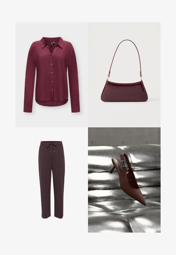 Blouse bordeaux à manches longues, boutonnée, avec col, manches à poignets et ourlet arrondi sur fond clair uni.; Pantalons de survêtement marron foncé avec taille à cordon, poches latérales et coupe décontractée. Tissu doux avec une texture lisse et design à jambe droite.; Chaussure slingback pointue marron avec talon bas et bride à boucle reposant sur une surface capitonnée argentée métallique brillante.; Sac à main brillant bordeaux foncé avec une anse fine unique et une forme trapézoïdale élégante sur un fond clair uni.