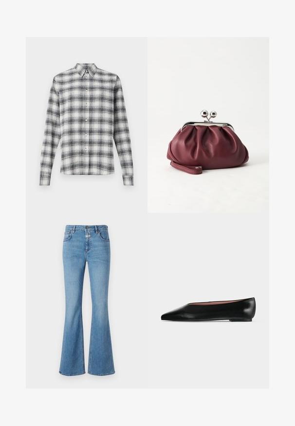 Knapp-up skjorte i sort og hvidt ternet mønster, lavet af blødt stof, med krave og lange ærmer med knaplukning.; CLOSED JOVANNA - Jeans Bootcut - light blue; Sort damesko i læder med flad hæl og spids tå, vist fra siden på en ensfarvet lys grå baggrund.; Lille bordeauxlæder clutch-pung med sølv metal lukning og håndledsrem på hvid baggrund.