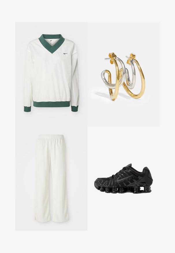 Hvid Nike pullover med en grøn V-udskæring og manchetter. Den har et let, struktureret stof og et lille sort logo på brystet.; Cremefarvede bukser med bred ben-design, lavet af letvægtsmateriale, med lodrette striber og en elastisk talje.; Sort atletisk sko med mesh-overdel og glatte overlays. Har buet spiralbøsningsdæmpning og strukturerede linjer på siden. Nike-logoet er synligt.; Guld- og sølvfarvede snoede hoops øreringe med glatte, blanke overflader; har en post bagtil for sikker bæreevne.