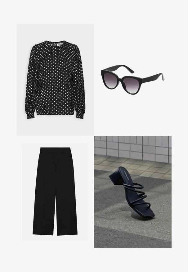 Lollys Laundry MONICA BLOUSE - Blouse - black; Zwart, wijde broek van een gladde stof. Heeft een plat tailleband met riemlussen en geen zichtbare zakken. Eenvoudig ontwerp.; Zwarte sandaal met vierkante neus, drie dunne bandjes en blokhak op een stoep bij een betegelde muur.; Zwarte cat-eye zonnebril met grijs verlooplenzen. Dikke, glanzende kunststof montuur en taps toelopende armen. Geen zichtbare merknaam of versieringen.