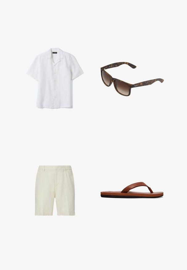 Wit kortärmelig overhemd met knopen, campkraag en borstzak, weergegeven op een witte achtergrond.; Beige knielange shorts met omgeslagen zomen, een elastische tailleband aan de achterkant, riemlussen en voorste zijzakken.; Bruine leren flip-flops met een gestructureerde band, een gevoerde voetbed en een zwarte rubberen zool. Zijkant van het ontwerp benadrukt de slanke stijl.; Kattenoog zonnebril met bruine gradient lenzen, rechthoekige vorm, dikke monturen en een zilveren logoaccent aan de zijkant.