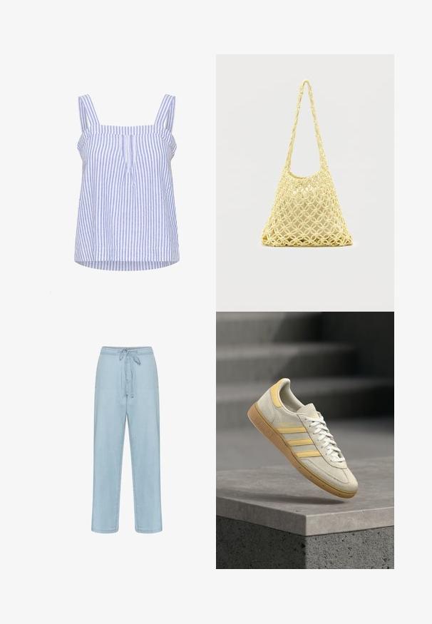 Stribet lyseblå og hvid ærmeløs top med en afslappet pasform, der har brede stropper, en flæset halsudskæring og plisseringer foran.; Lyseblå denimbukser med snøre i taljen, lige ben-design og minimale syninger. Stoffet ser blødt og glat ud.; Beige ruskindsneaker med gule accenter, hvide snørebånd og tre gule striber. Har en tekstureret sål af gummi i karamel og guldfarvet branding.; Gul makramé-nettaske med lang rem og beige pose indeni, vist på en ensartet hvid baggrund.