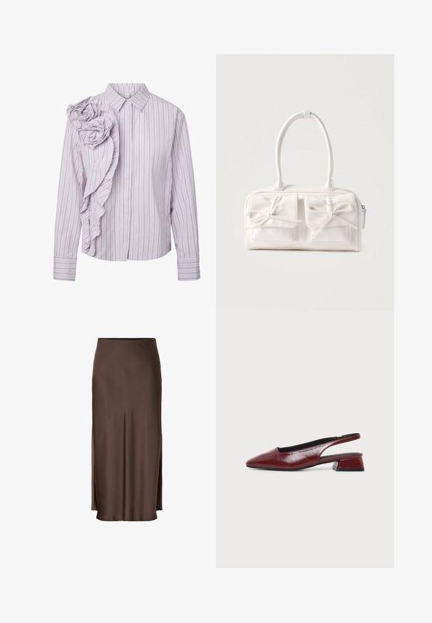 Lyse lilla langærmet bluse med striber, klassisk krave og flæsedetalje i stof formet som roser på venstre skulder.; Brun satin nederdel med et lige design, der har sideslids for let bevægelse og en glat tekstur gennem stoffet.; Vinrød lædersko med rembag, spids tå og lav blokhæl, vist i sideprofil på ensartet lyst baggrund.; Hvid syntetisk håndtaske med to forlommer, hver med en bundet sløjfedetalje. Glat tekstur, afrundede håndtag og lynlås lukning.