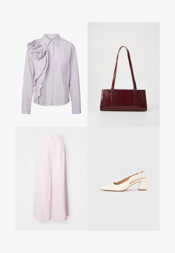 Hellviolette gestreifte Langarmbluse mit klassischem Kragen und gerafftem Stoffdetail in Rosenform auf der linken Schulter.; Helle rosa, weit geschnittene Hose mit hoher Taille, mit Vorderfalten und glattem Baumwollmaterial. Keine sichtbaren Taschen oder Verzierungen.; Slingback-Pumps aus glänzendem cremefarbenem Lackleder, mit spitzer Schuhspitze und klobigem, quadratischem Absatz für Stabilität. Minimalistisches Design, ohne Verzierungen.; Burgunderfarbene Handtasche aus glänzendem Material, rechteckige Form, mit zwei Schulterriemen und subtilen, geschwungenen Akzenten an der Vorderseite.