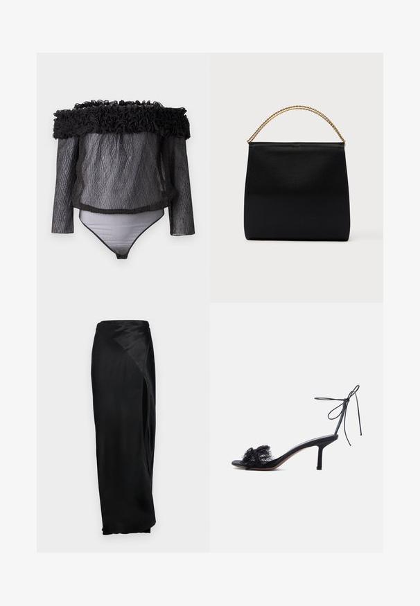 Hofmann Copenhagen EXCLUSIVE - Bluse - black; Sort satin maxiskørt med en sideslids, glat tekstur og draperet design. Har en høj talje og en flydende silhuet.; Sort åben tå sandaler med høje hæle, ankelrem og blonde detaljer på den forreste rem mod en ensfarvet lys baggrund.; Sort taske lavet af glat stof, med en struktureret form, et håndtag med guld kæde og et minimalistisk geometrisk design.