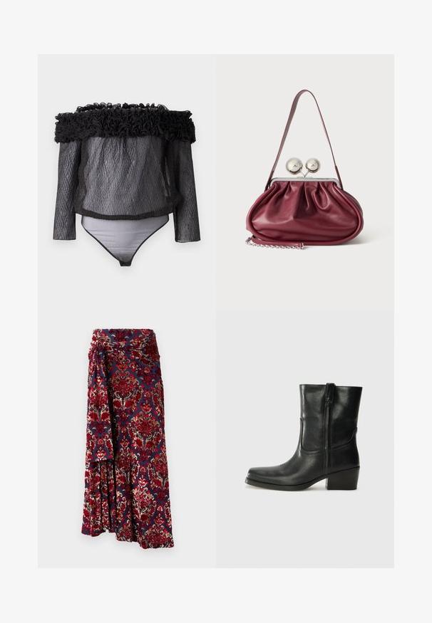 Hofmann Copenhagen EXCLUSIVE - Pusero - black; Rabanne Maksihame - tapestry/navy/burgundy/red/cream; Musta nahkasaapas nilkkamittaisella varrella, pyöreällä kärjellä, lohkarekorolla, sivuvetoketjulla ja ompeluaksentilla varren yläosassa. Suora pinta, klassinen muotoilu.; Pieni burgundinpunainen nahkainen käsilaukku, jossa on kerättyjä yksityiskohtia, ohut hihna ja hopeinen lukko, jossa on kaksi suurta pyöreää nuppia.