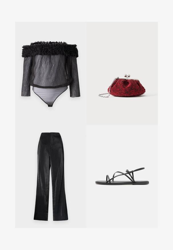 Hofmann Copenhagen EXCLUSIVE - Bluse - black; Sorte, brede bukser med en glat, shiny tekstur og et rent, minimalistisk design. Har en høj talje og en lige skæring i kanten.; Sorte flade sandaler med tynde, krydsende remme, åben tådesign og en minimalistsk sål. Har et lille spænde detaljer til justering.; Lille rød perlebesat clutch med sølvspænde og kæderem på en ensartet hvid baggrund.
