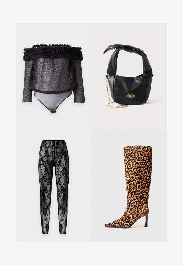Hofmann Copenhagen EXCLUSIVE - Bluse - black; Sorte blonde leggings med blomstermønster, gennemsigtigt stof og en tæt pasform, med en glat talje og lukkede sømme.; Støvle i leopardprint til knæhøjde med spidse tæer, lavet af en materialelignende ruskind, med en sort stiletthæl og en strømlinet silhuet.; Sort blød læder Love Moschino håndtaske med knyttet håndtag og guldkæde-strop på hvid baggrund.