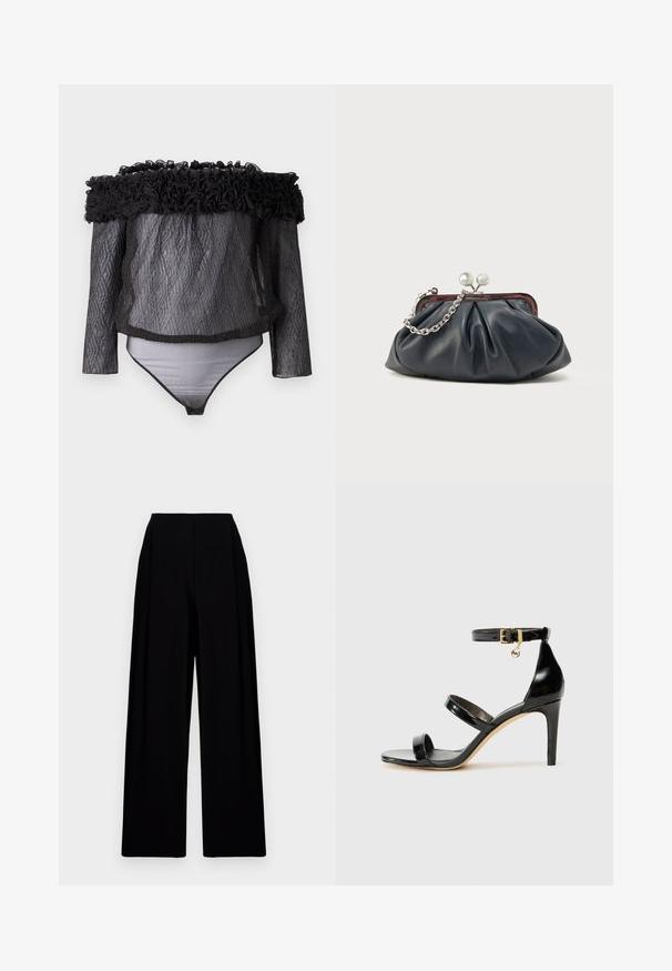 Hofmann Copenhagen EXCLUSIVE - Bluse - black; Bredbenede sorte bukser med høj talje, der har en glat tekstur og rene linjer. Ingen synlige lukninger eller mønstre.; Sorte patenterede lædersandaler med tre stropper, ankelspænde og 10 cm stiletthæl. Har detaljer i guld og et logo charms.; Marineblå læderclutch med opsamlet design, sølvkæde og lukning med knips. Glat tekstur med en diskret glans.
