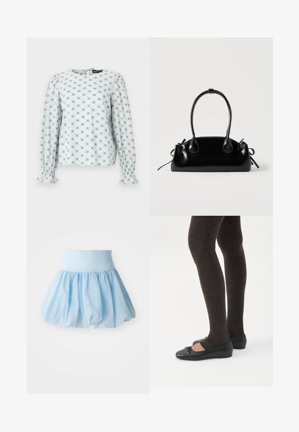 Blouse bleu clair avec de longues manches bouffantes, arborant un motif floral en losange de couleur marine. Manches élastiquées et fermeture au dos en forme de trou de clé.; Jupe bouffante bleu clair avec une large ceinture élastique. Fabriquée en tissu doux et léger avec un design fluide et froncé.; Jambes portant des leggings côtelés foncés associés à des ballerines noires avec de petits détails en nœud sur fond blanc.; Petit sac à main noir brillant avec deux longues anses et des détails à cordon sur les côtés sur un fond clair uni.